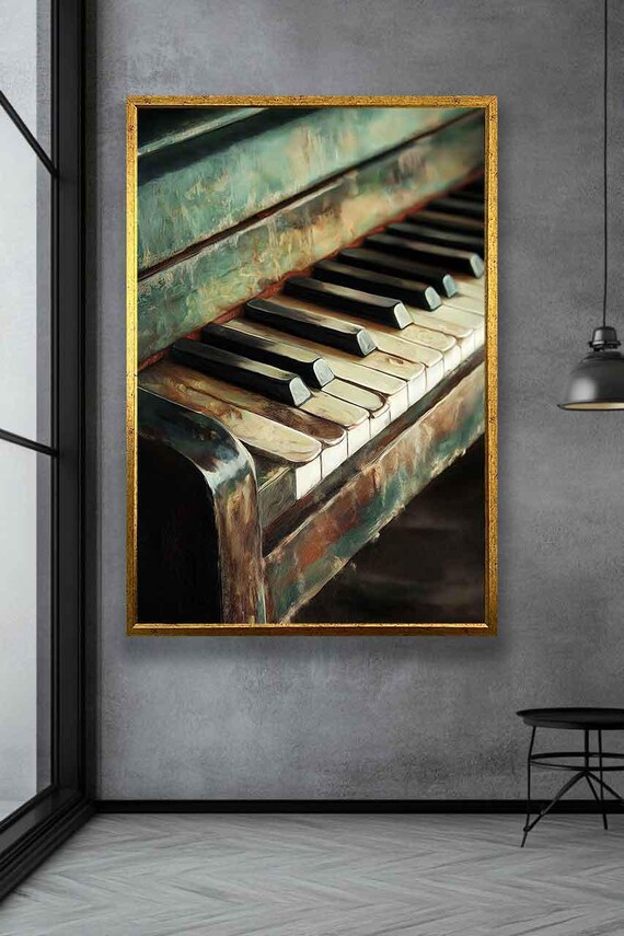 Vintage Distressed Teal Upright Piano Keyboard Close-Up Art Poster