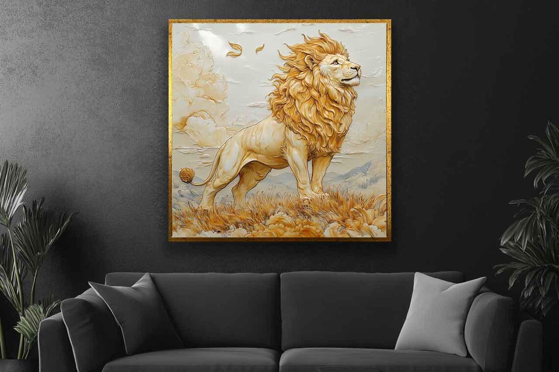 Golden Lion Standing Tall Savanna Grass Cloudy Sky Wildlife Art Poster - Image 5