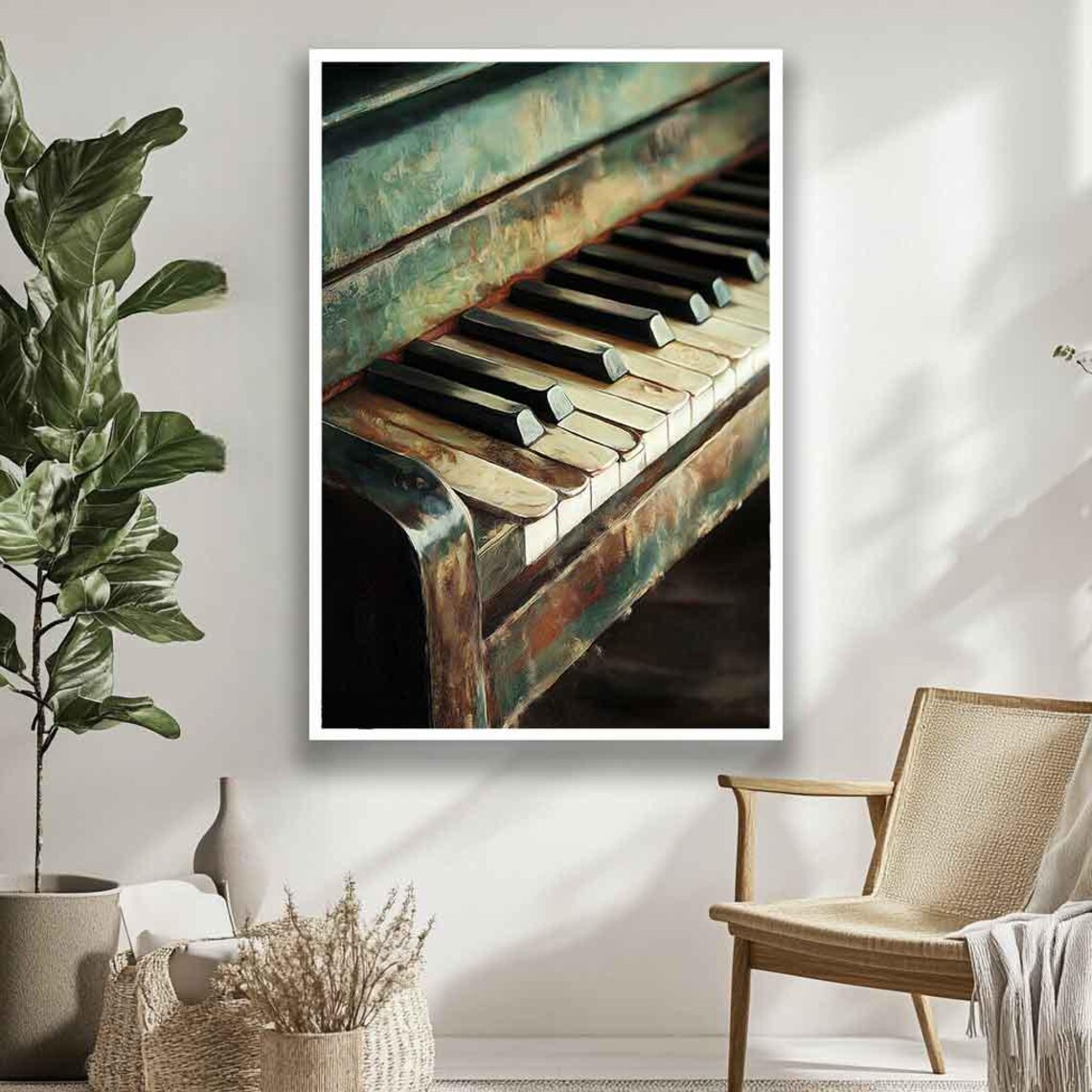 Vintage Distressed Teal Upright Piano Keyboard Close-Up Art Poster - Image 3
