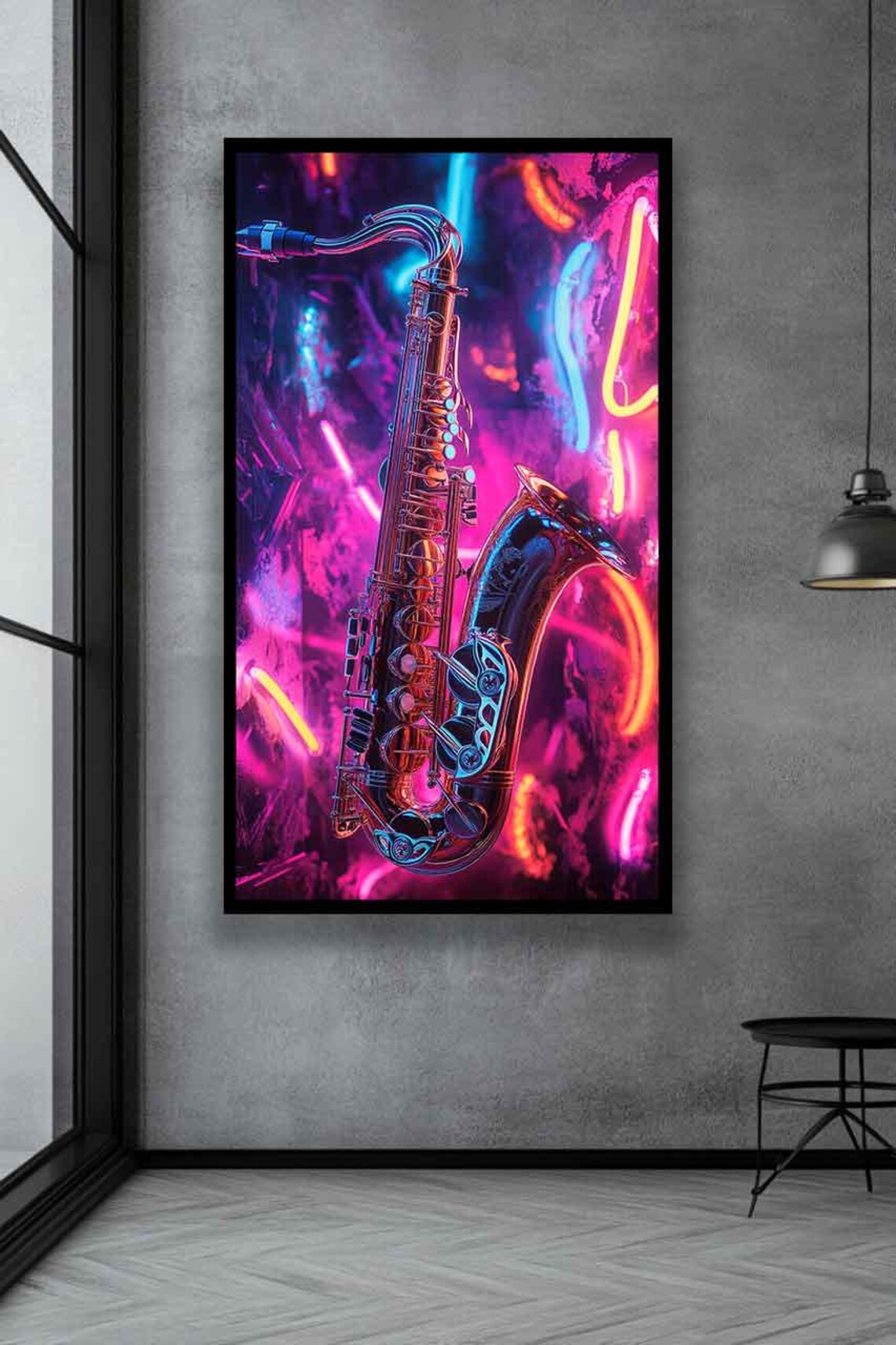 Neon Saxophone Glowing Over Pink Purple Graffiti Wall Poster - Image 2