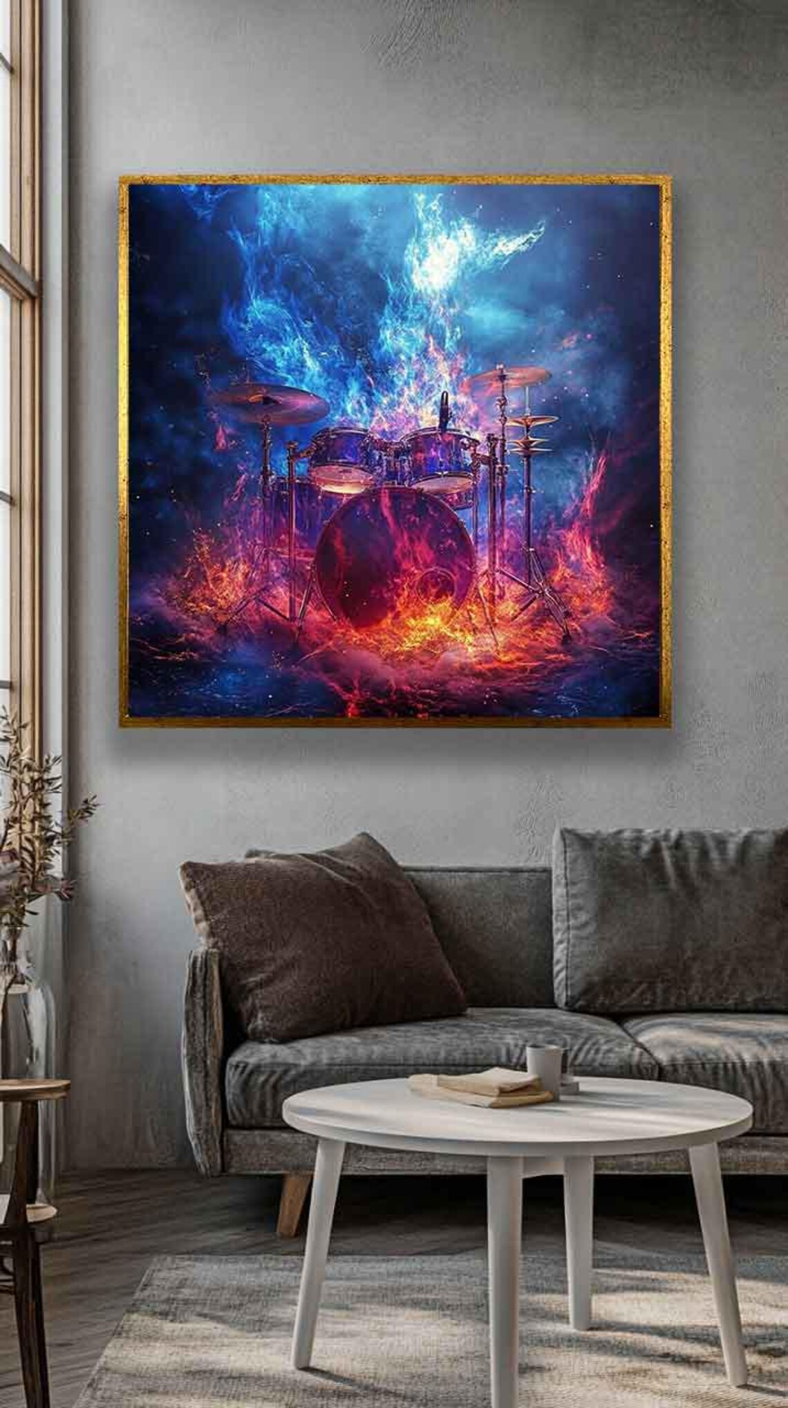 Drum Kit Engulfed in Swirling Flames Cosmic Fire Scene Poster - Image 2