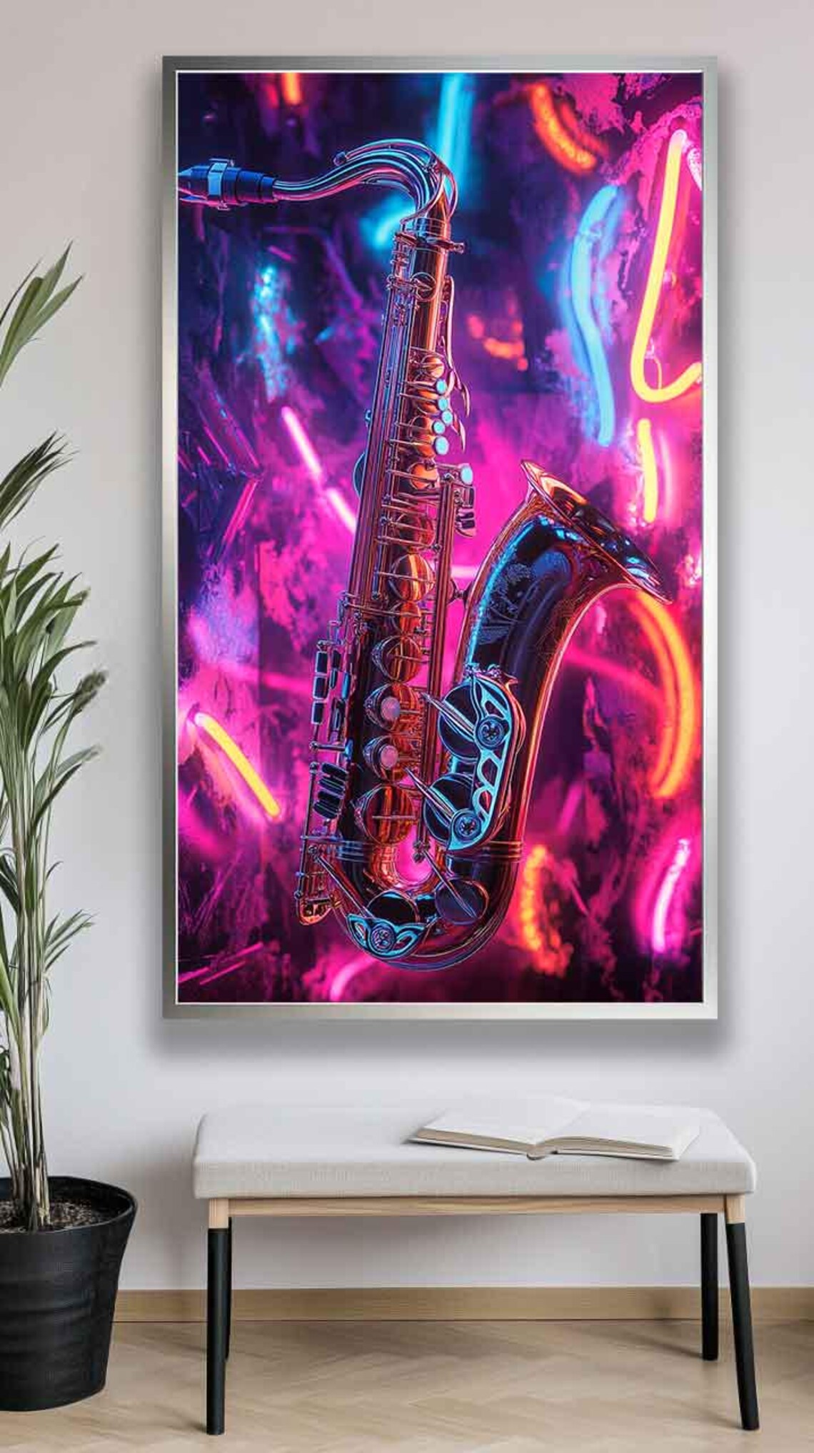 Neon Saxophone Glowing Over Pink Purple Graffiti Wall Poster - Image 4