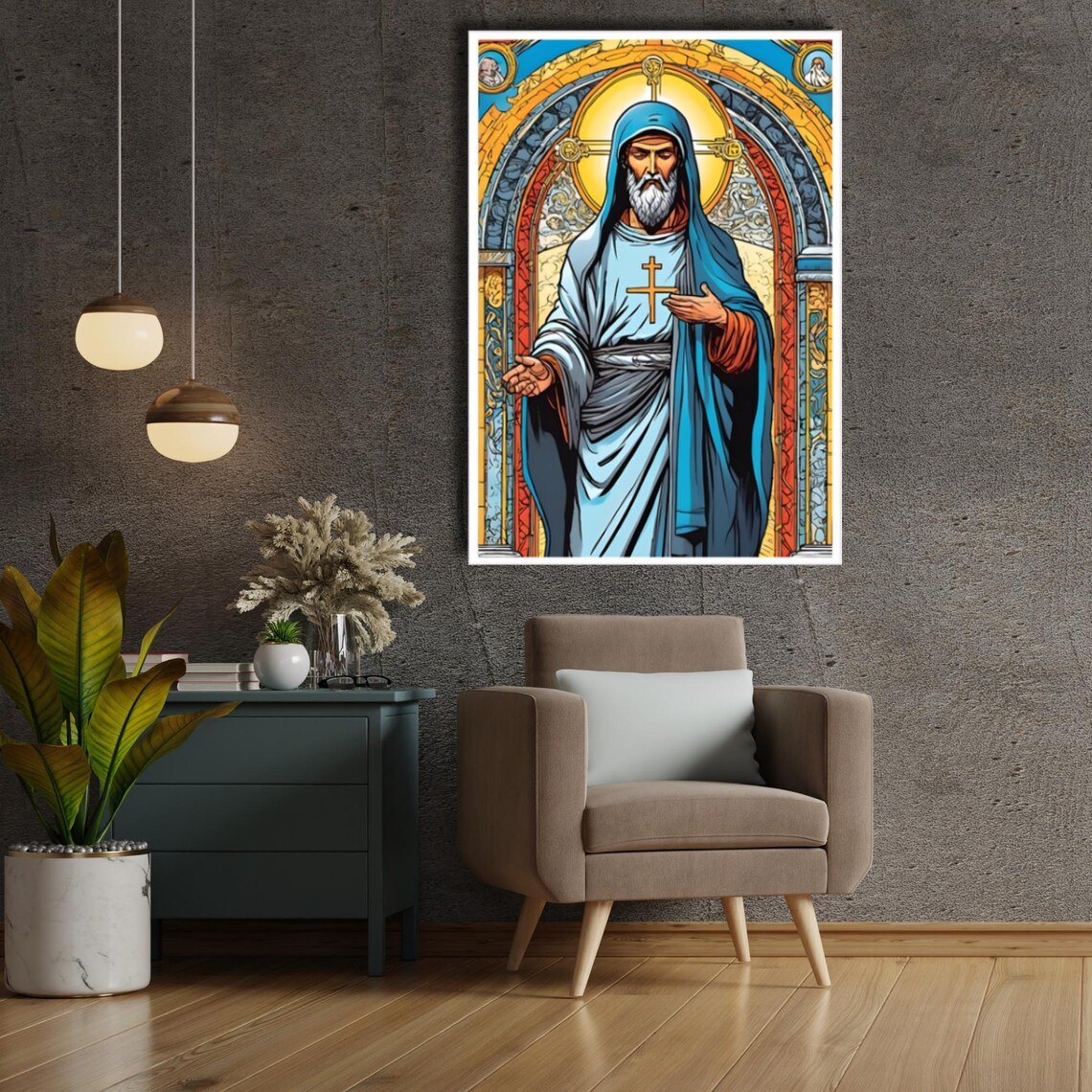 Stained Glass Style Jesus Christ In Blue Robe Religious Poster - Image 3