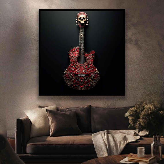 Red Ornate Acoustic Guitar with Skull Headstock Dark Detail Poster
