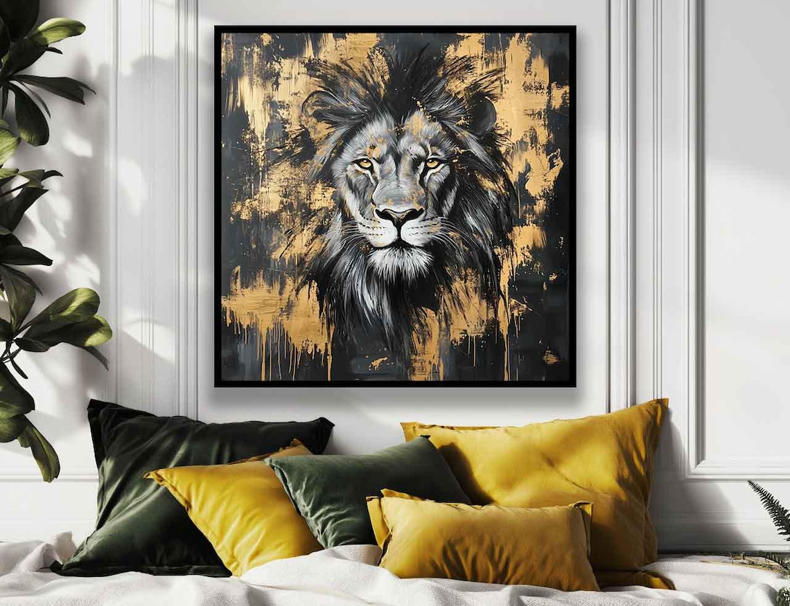 Black Gold Lion Portrait Gold Leaf Splash Luxury Wildlife Art Poster - Image 2