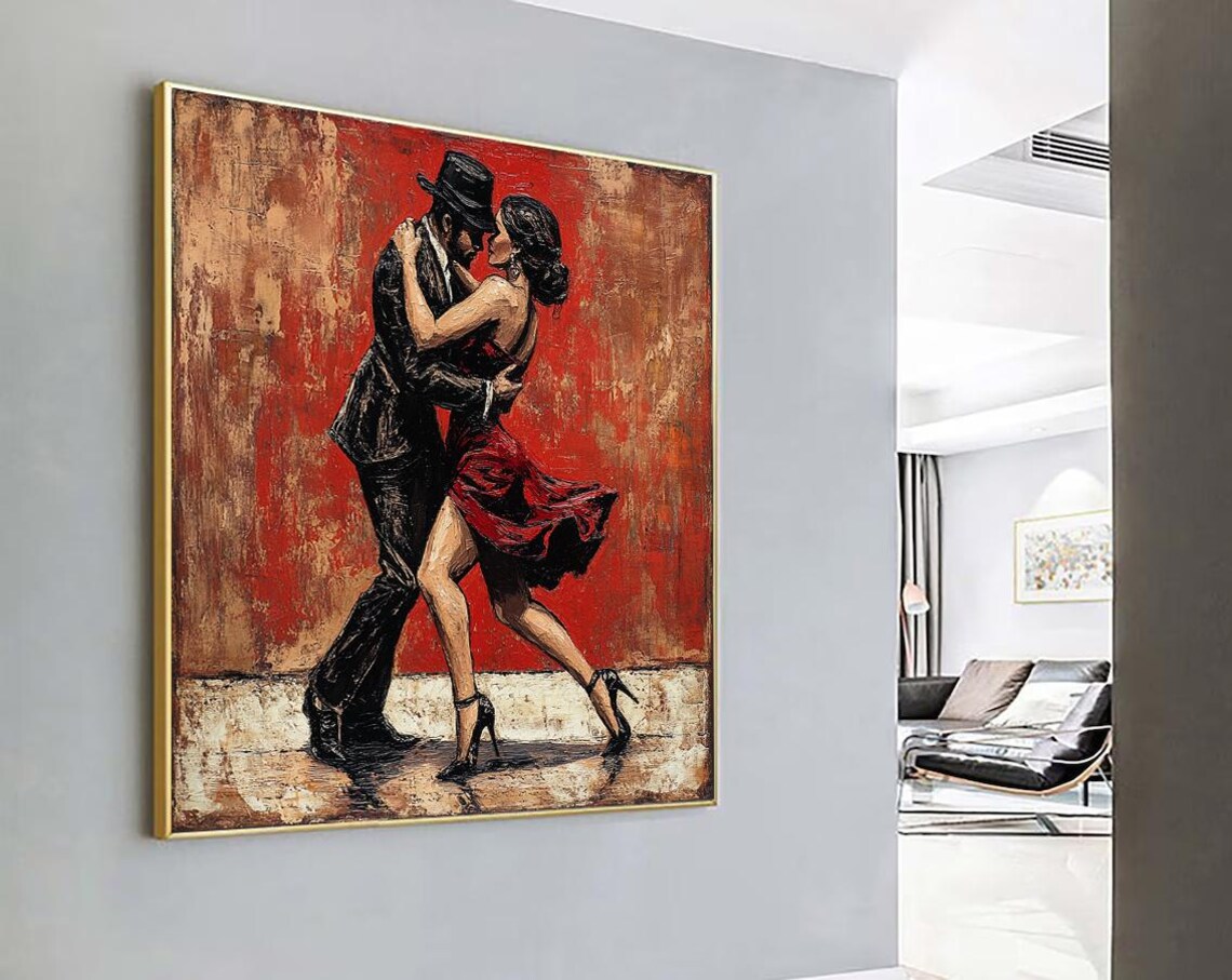 Tango Dance Couple Embracing Before Textured Crimson Wall Poster - Image 5