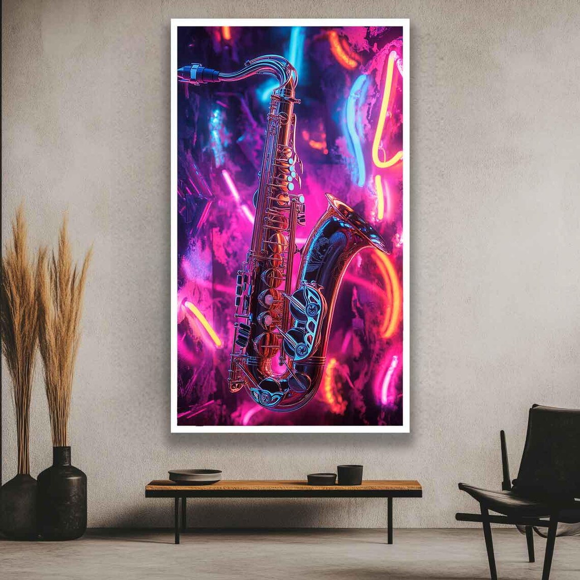 Neon Saxophone Glowing Over Pink Purple Graffiti Wall Poster - Image 3