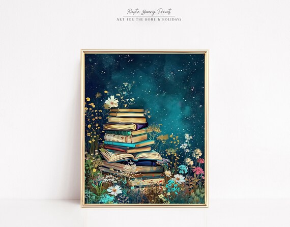 Books Wildflower Meadow Starry Night Sky Magical Book Lover Wall Art