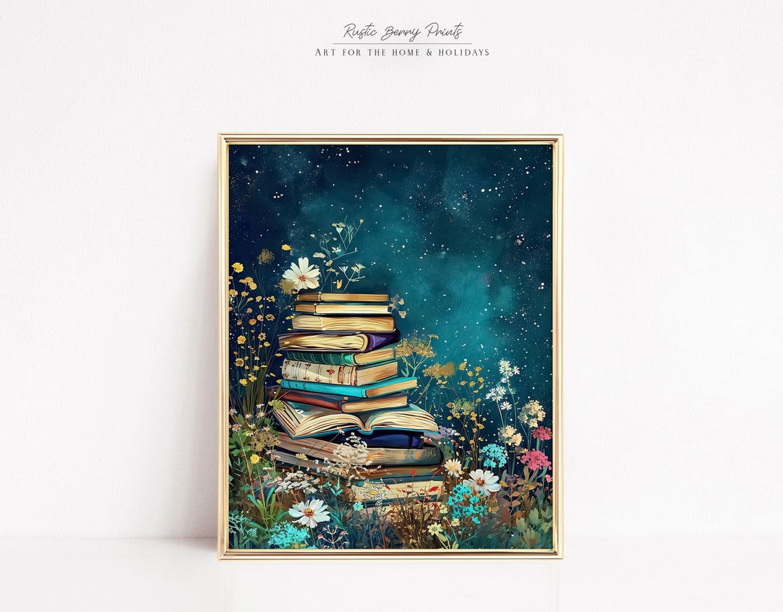 Books Wildflower Meadow Starry Night Sky Magical Book Lover Wall Art