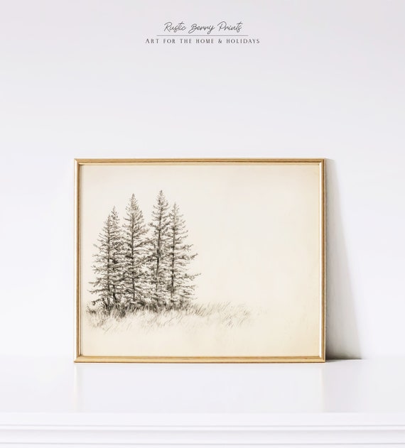 Antique Trees Sketch Wall Art Vintage Print Cottagecore Pine Trees Art Minimalist Neutral Tone Print Instant