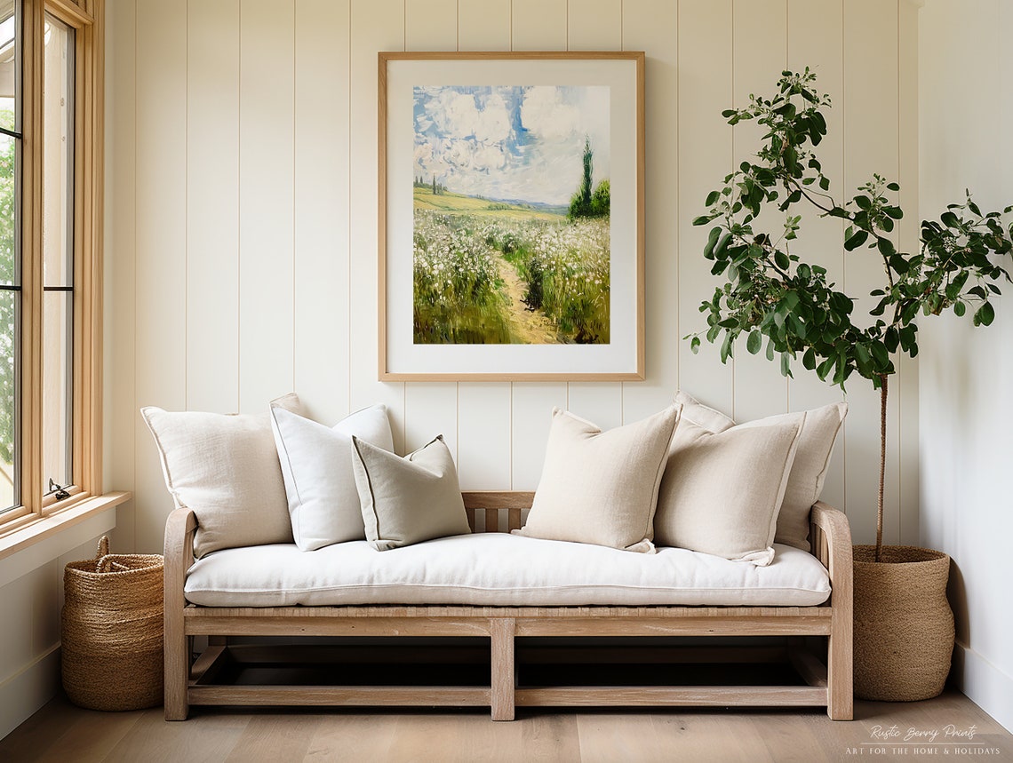 White Wildflower Meadow Winding Path Cypress Trees Blue Sky Art Poster - Image 2