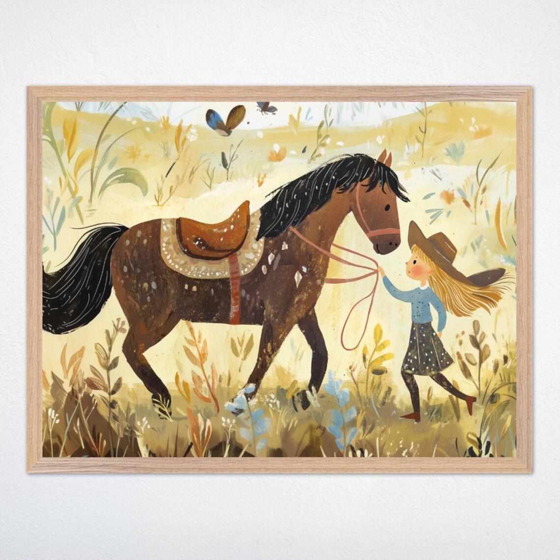 Little Cowgirl Leading Her Brown Horse Through a Golden Meadow Poster