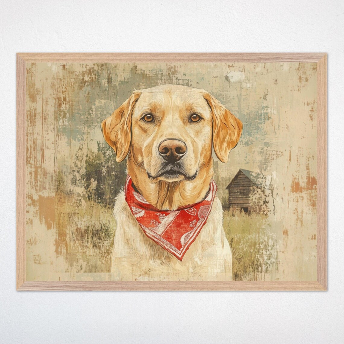 Yellow Labrador Retriever with Red Bandana Rustic Farm Dog Poster