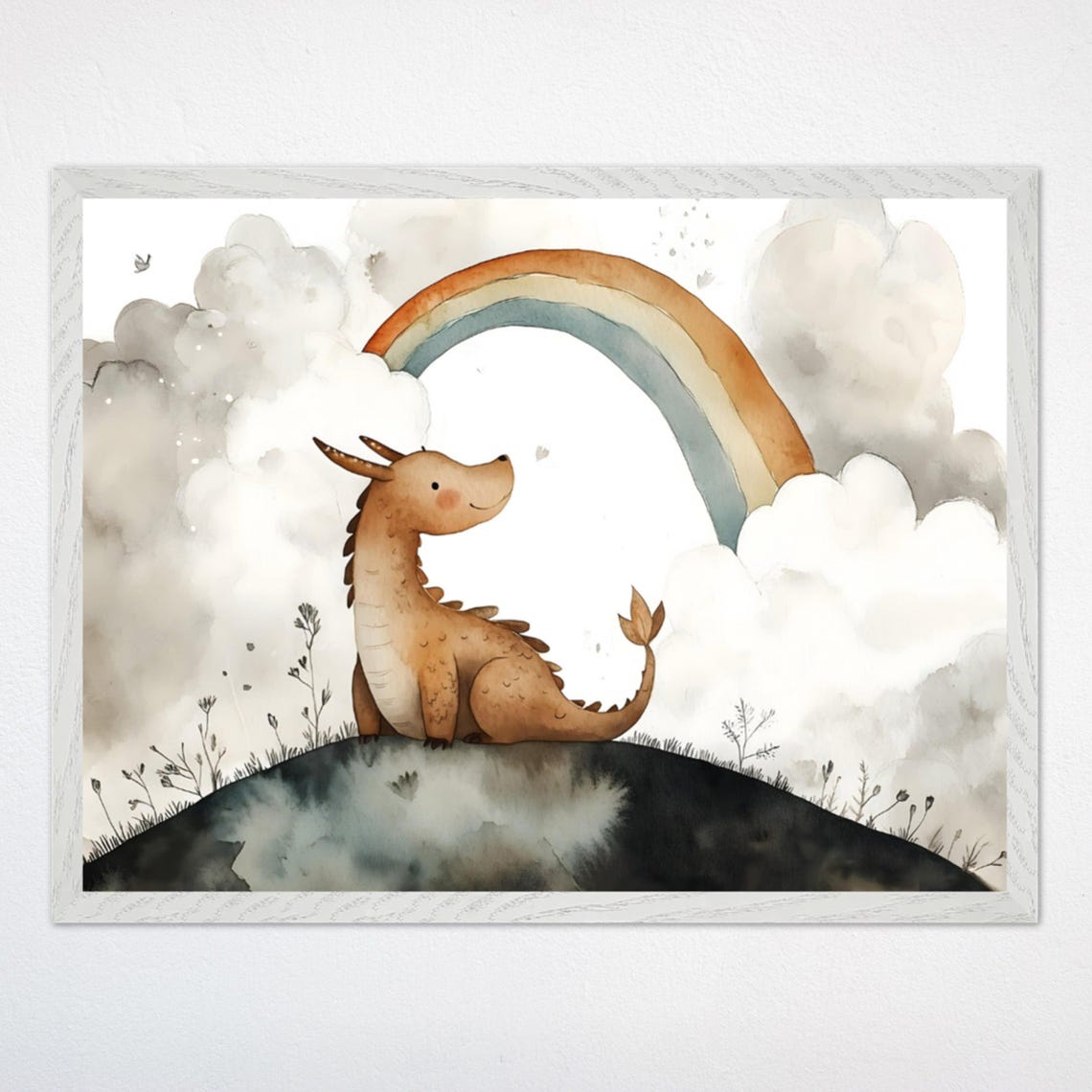 Baby Dragon Sitting Under A Watercolor Rainbow In The Clouds Poster