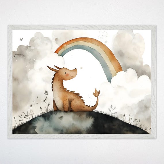 Whimsical Dragon Rainbow Framed Poster Magical Dragon Nursery Gender Neutral Fantasy Wall Art Playful Kids Room Decor