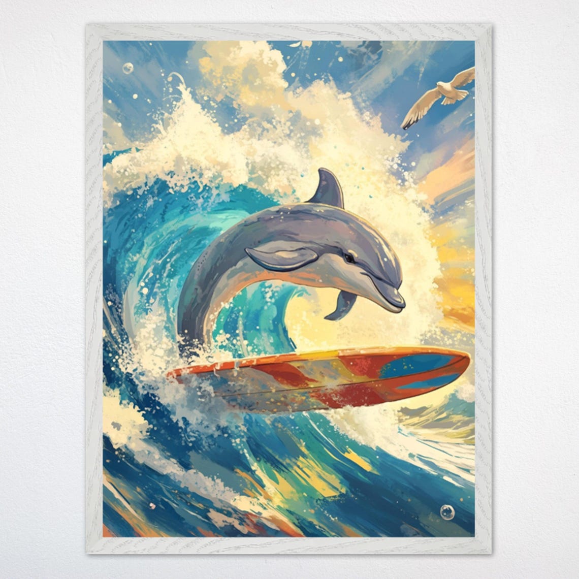 Dolphin Riding a Crashing Ocean Wave on a Surfboard Kids Poster