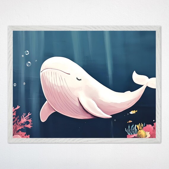 Sleeping Pink and White Whale in Deep Blue Ocean Nursery Poster