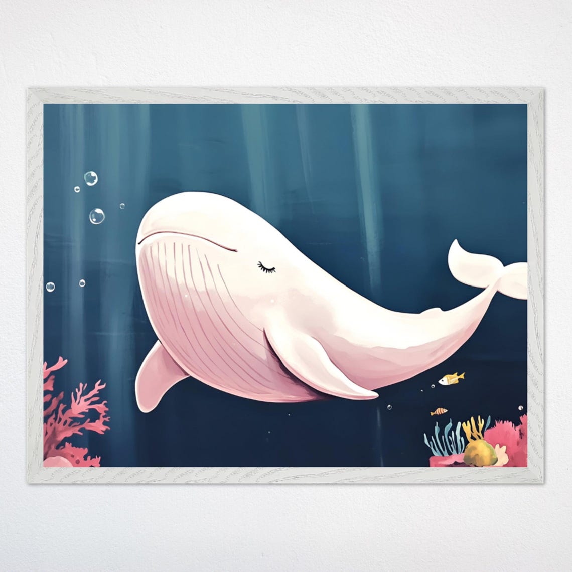 Sleeping Pink and White Whale in Deep Blue Ocean Nursery Poster