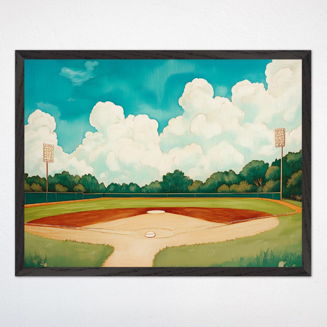 Vintage Baseball Field Illustration Under Big Summer Clouds Poster
