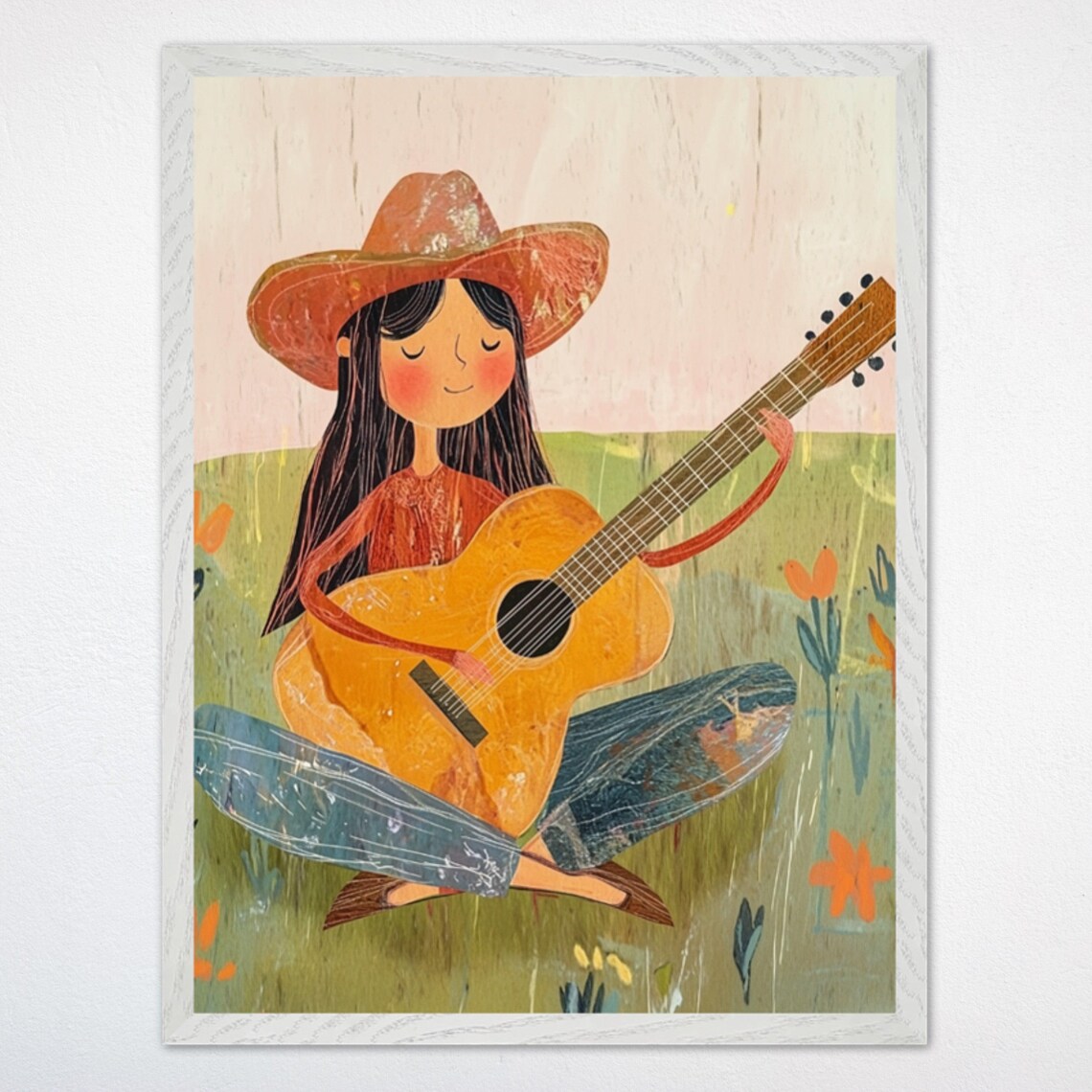 Western Cowgirl Playing Guitar Folk Art Country Music Poster