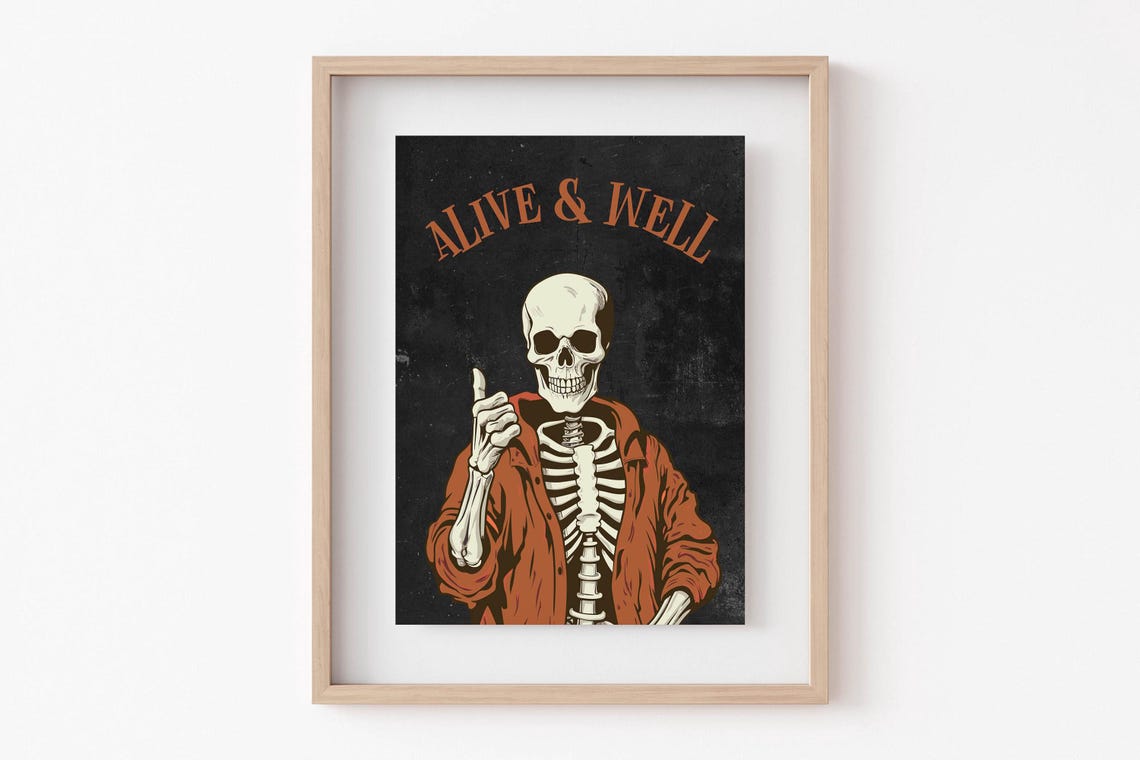 Alive And Well Cool Skeleton In Jacket Retro Halloween Art Poster - Image 2