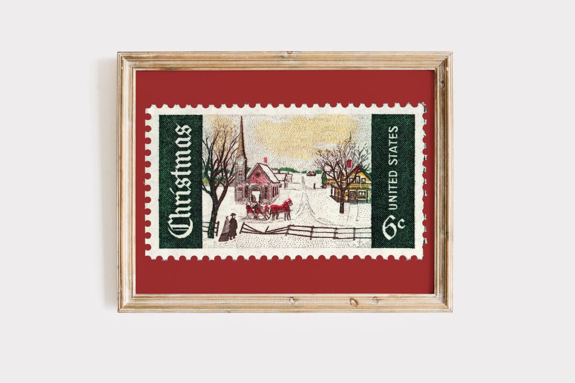 Vintage Christmas Stamp 6 Cent Sleigh Scene Red Frame Poster - Image 2