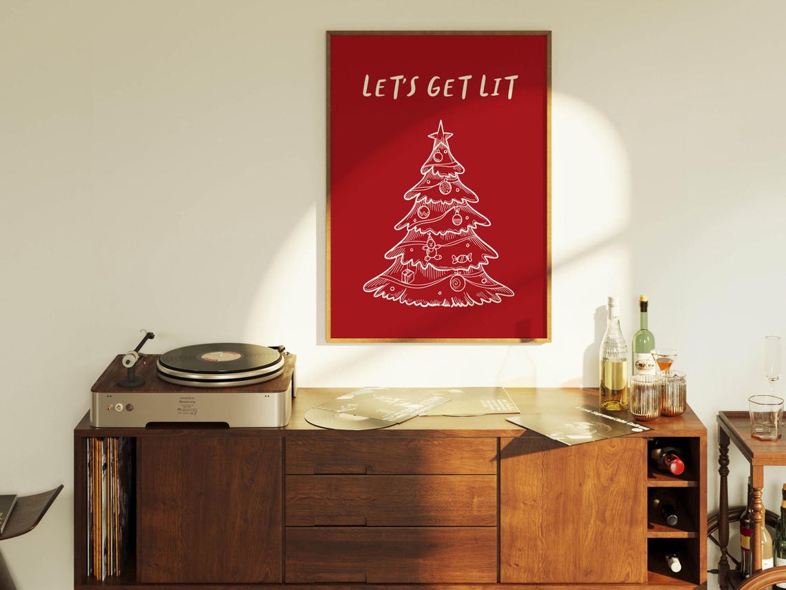 Festive Funny Let's Get Lit Christmas Tree Red Holiday Quote Poster - Image 2