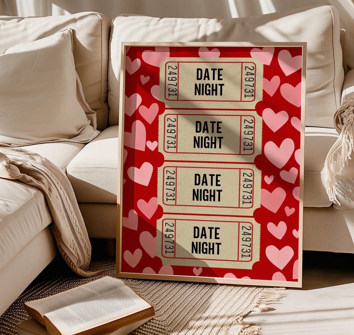 Date Night Tickets Red Hearts Vintage Romantic Couples Wall Art Print - Image 3