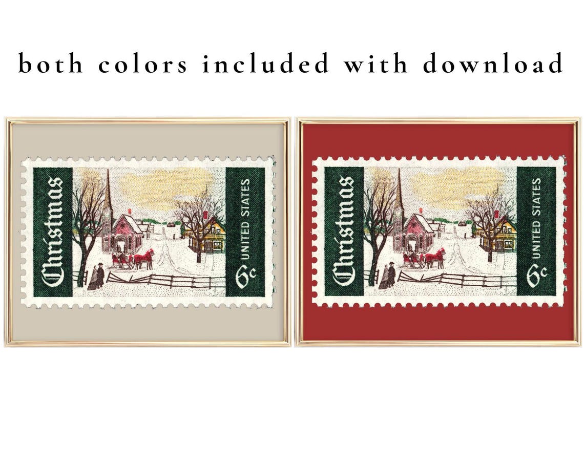 Vintage Christmas Stamp 6 Cent Sleigh Scene Red Frame Poster - Image 4
