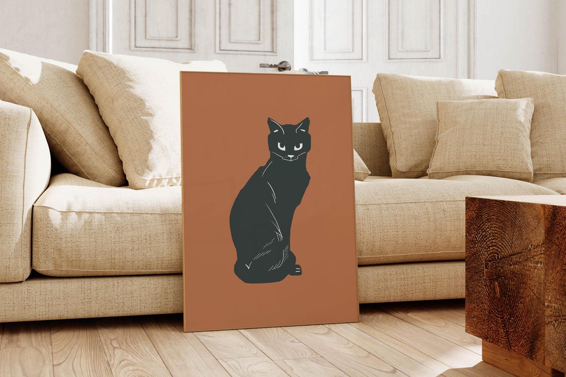 Black Cat Burnt Orange Vintage Illustration Retro Halloween Poster - Image 5