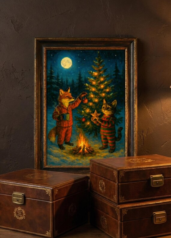 Fox and Cat Decorating a Christmas Tree Under the Moon Poster