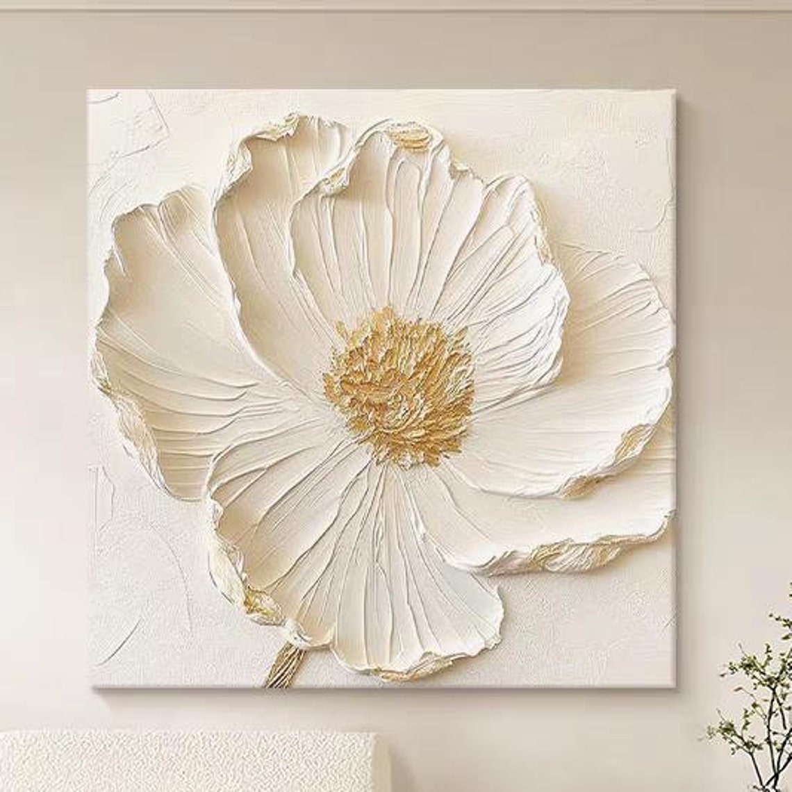 White Bloom With Gold Center 3D Impasto Floral Square Poster
