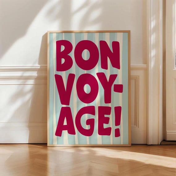 Bon Voyage Print Coastal Poster Trendy Entryway Decor Cute Quote Art Light Blue Wall Preppy Goodbye