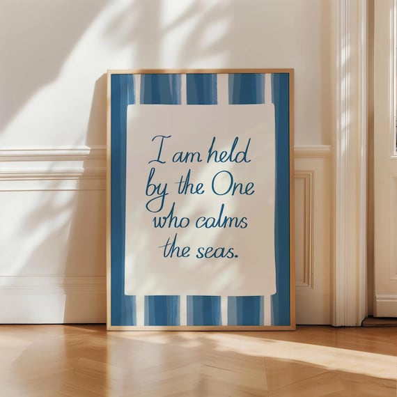 Calms the Seas Christian Faith Quote Poster Coastal Blue Striped Wall Decor