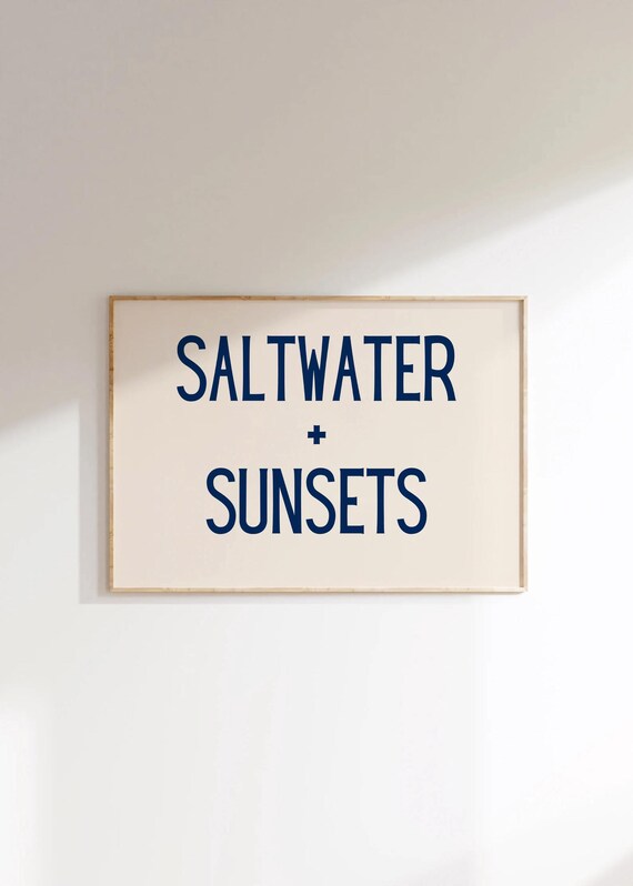 Saltwater And Sunsets Poster Navy Cream Coastal Above Bed Wall Decor