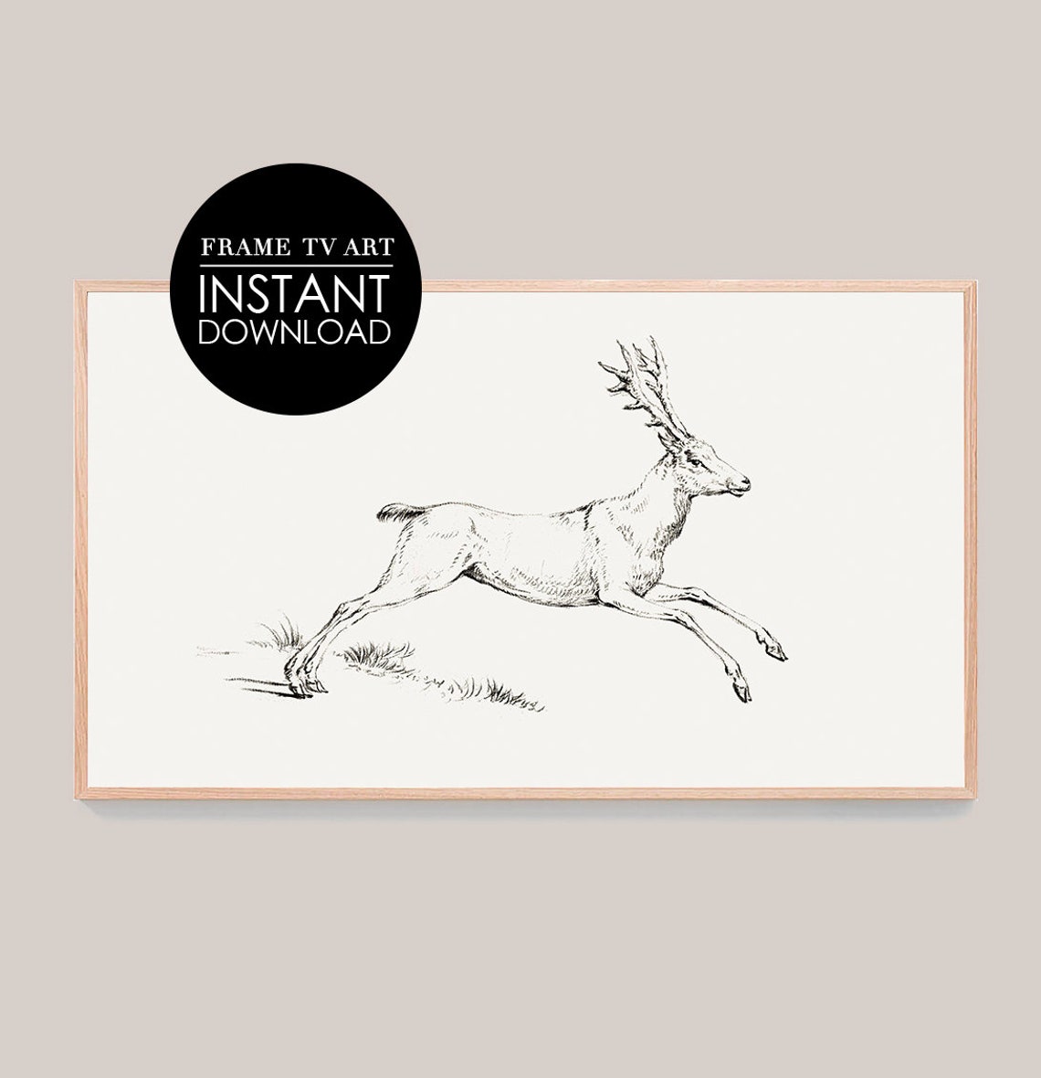 Leaping Reindeer Sketch Poster Vintage Line Art for Frame TV