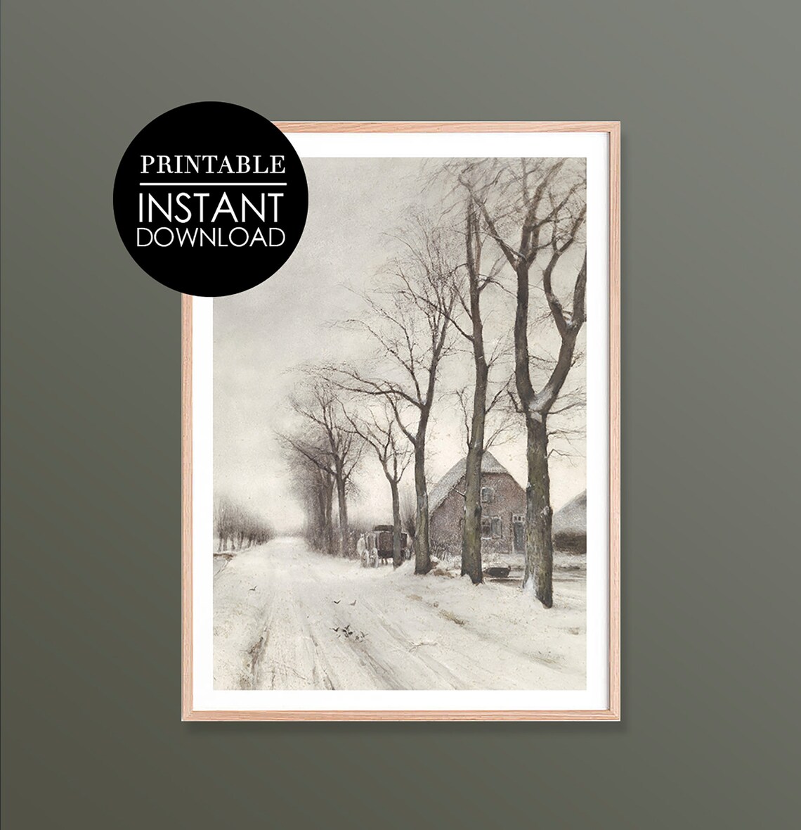 Snowy Village Road Winter Landscape Vintage Style Scenic Art Poster