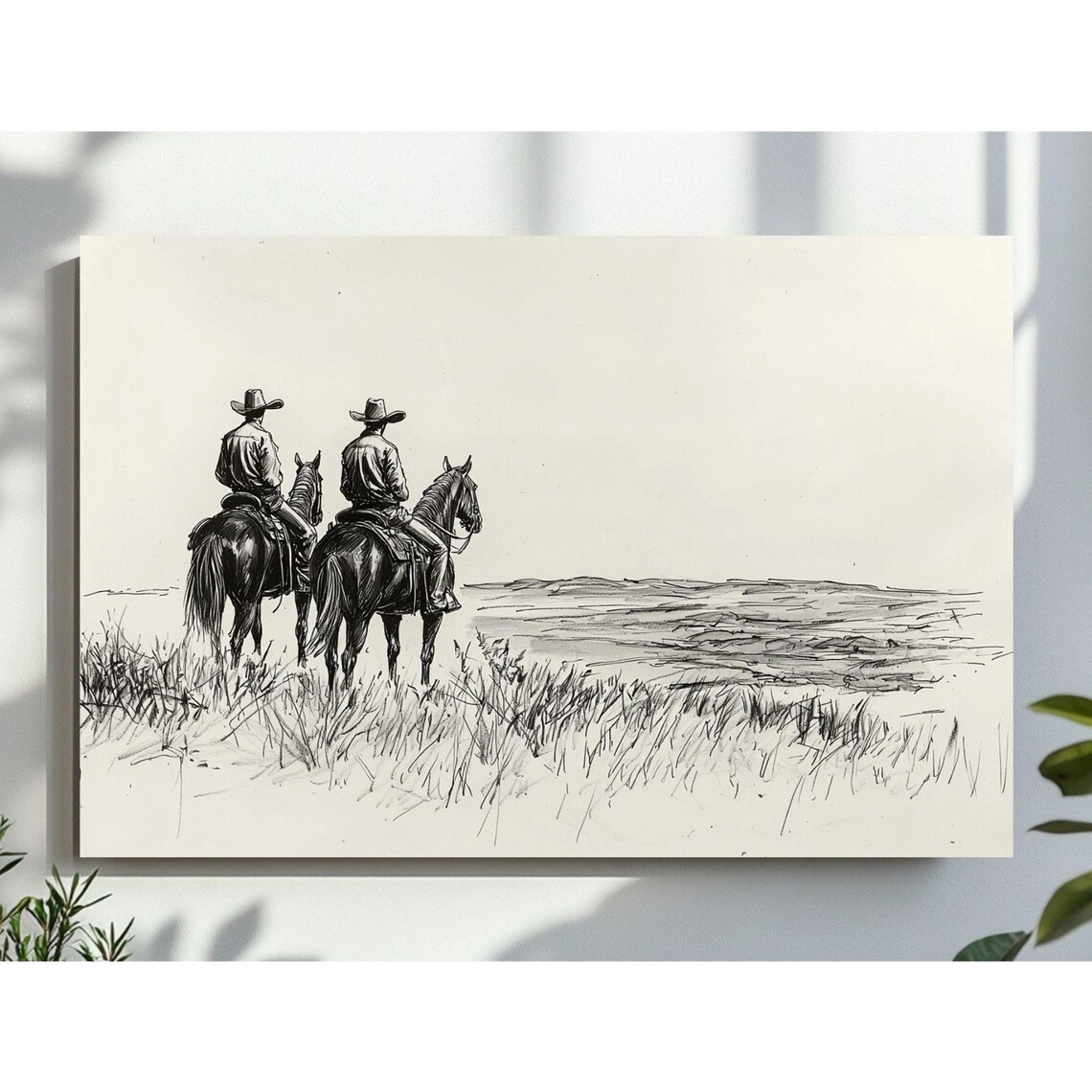 Two Cowboys on Horseback Vintage Western Ink Sketch Farmhouse Poster