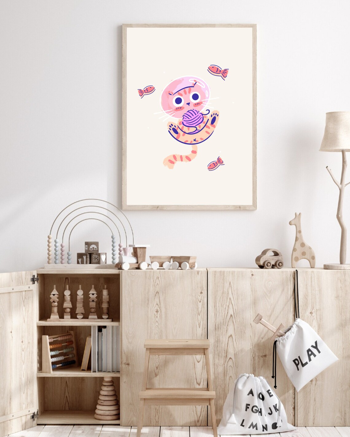 Outer Space Cat And Fish Nursery Art Print - Image 2