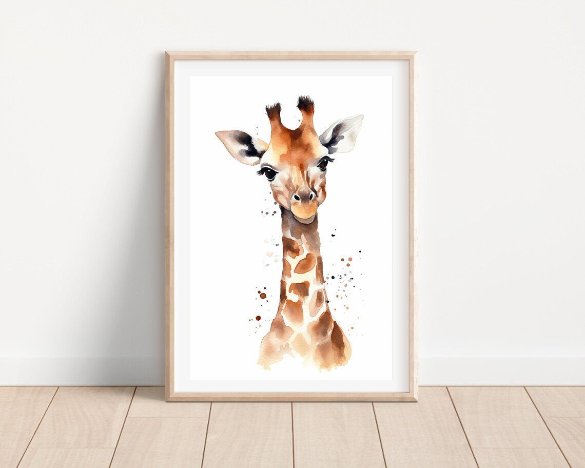 Watercolor Baby Giraffe Calf Portrait Cute Safari Nursery Animal Print