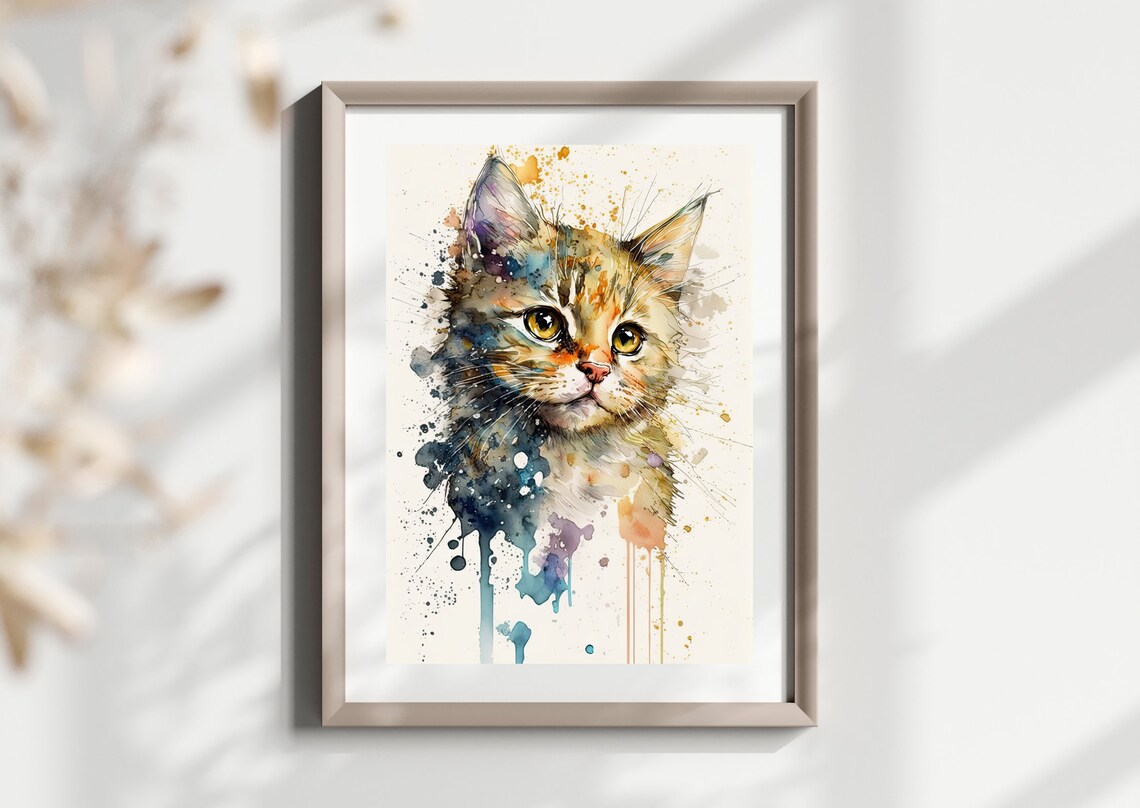Watercolor Kitten Portrait Colorful Paint Splash Cat Nursery Wall Art - Image 2