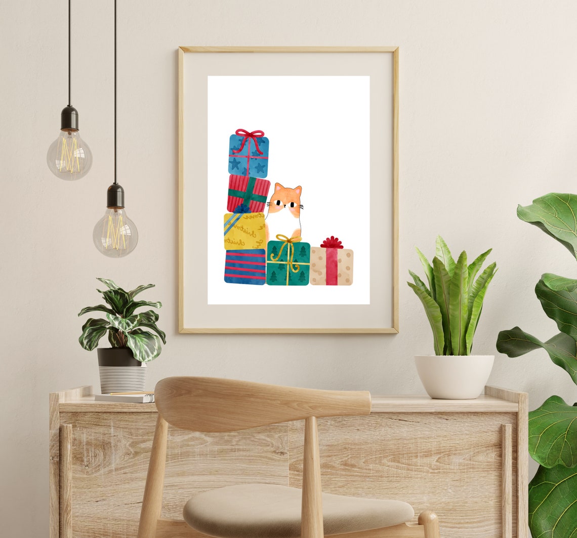 Cute Christmas Cat With Present, Holiday Art Print - Image 3