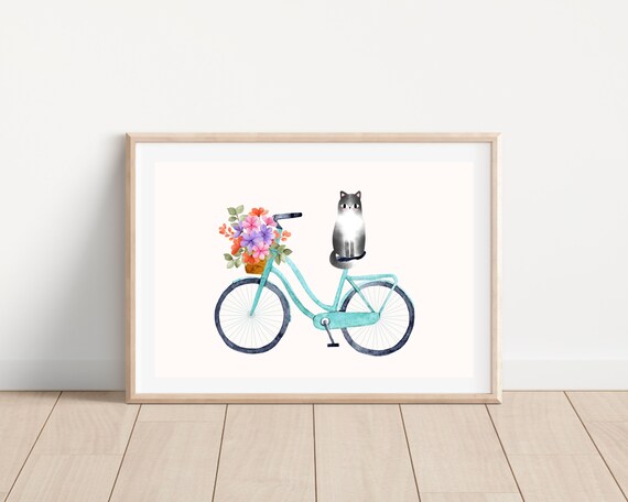 Boho Cat On Bike, Floral Watercolor Art Print