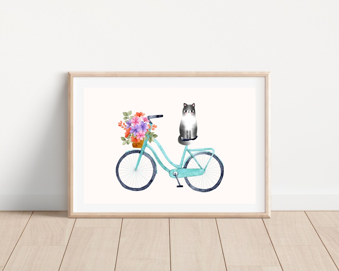 Boho Cat On Bike, Floral Watercolor Art Print