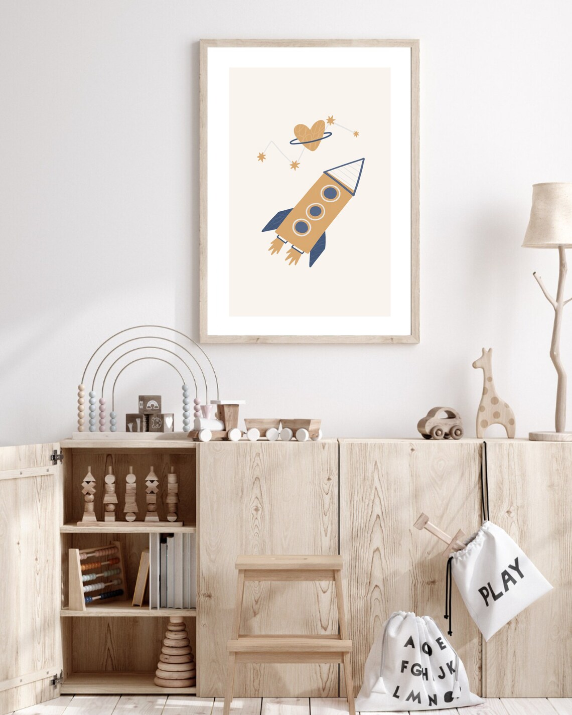 Boho Outer Space Rocket Ship And Planet Art Print - Image 2