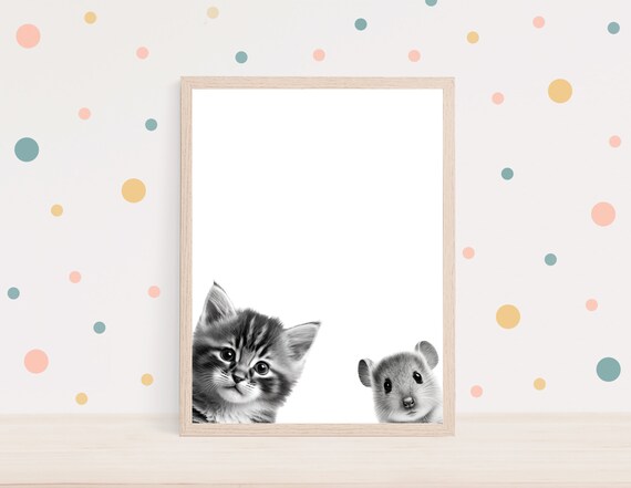 Black And White Baby Cat And Mouse Peeking Nursery Animal Wall Art