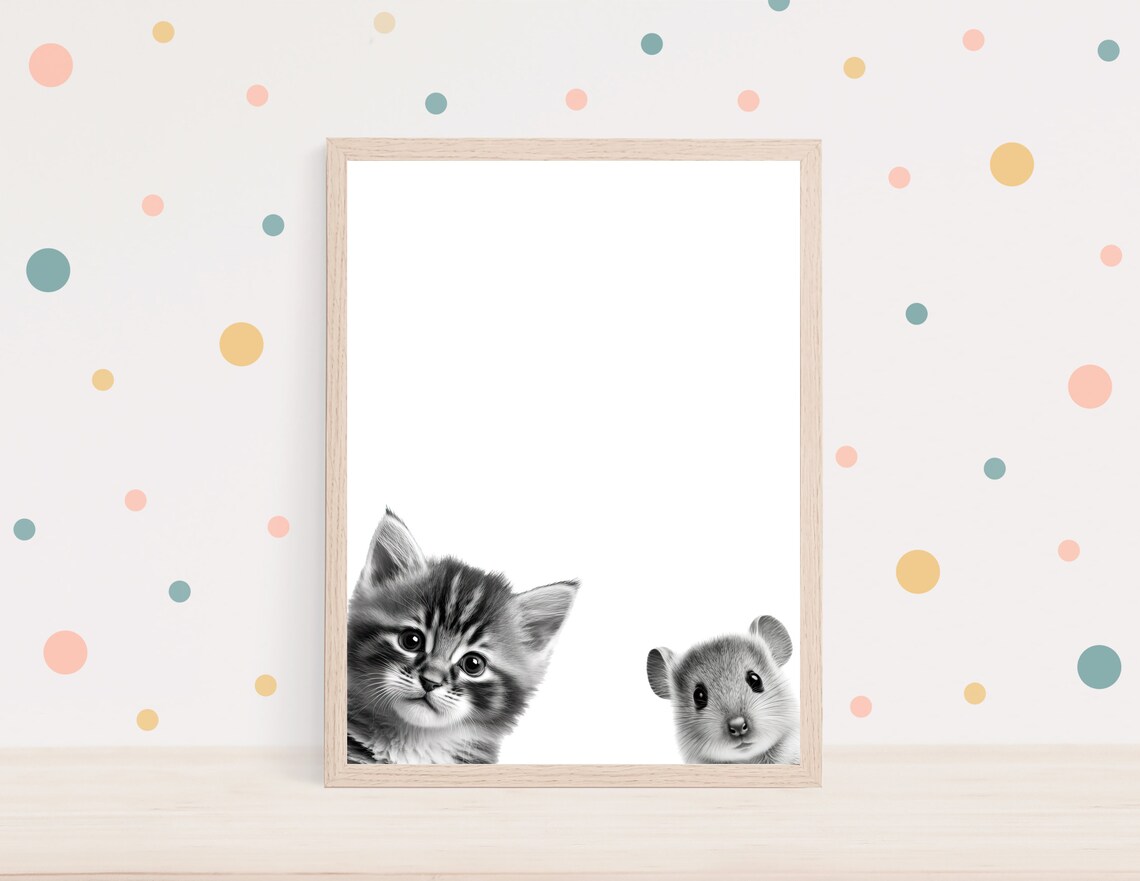 Black And White Baby Cat And Mouse Peeking Nursery Animal Wall Art