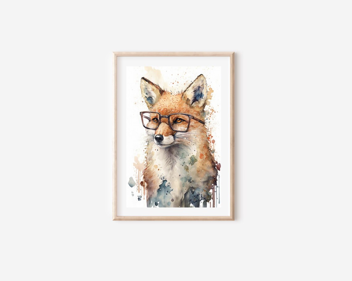 Watercolor Fox Wearing Black Glasses Funny Animal Nursery Portrait Print - Image 5