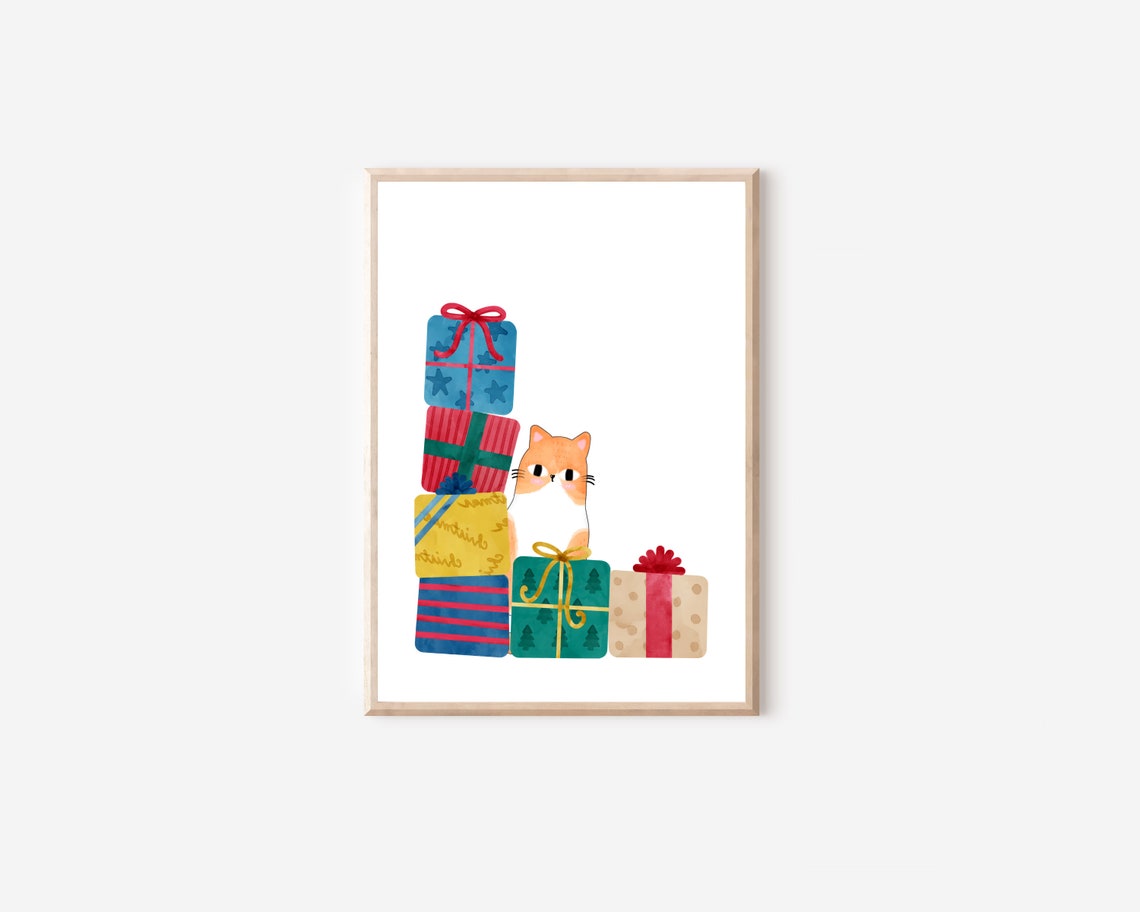 Cute Christmas Cat With Present, Holiday Art Print - Image 4