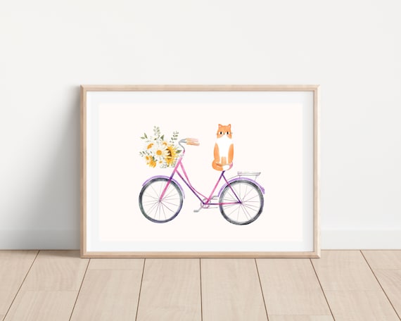 Watercolor Cat on Bicycle, Boho Floral Art Print